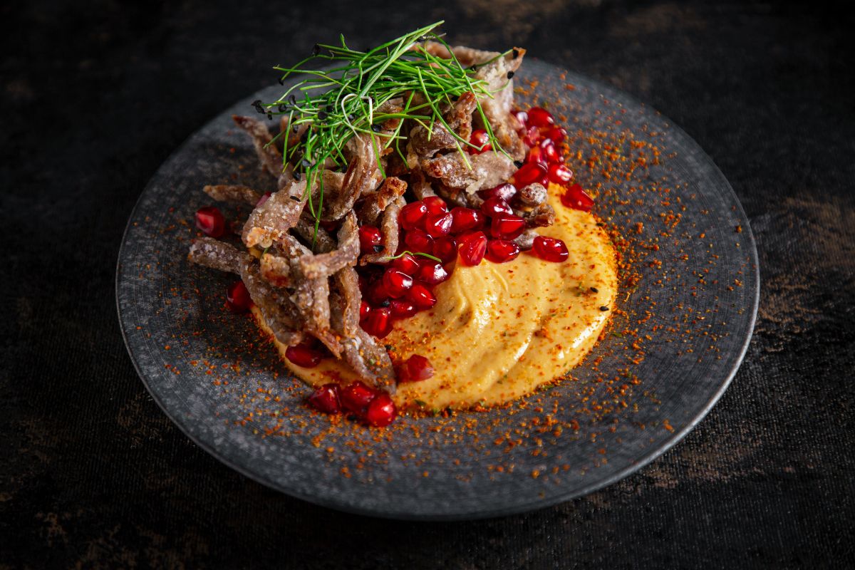 One Of The Best Dishes From Demon Duck. Crispy Duck With Hummus