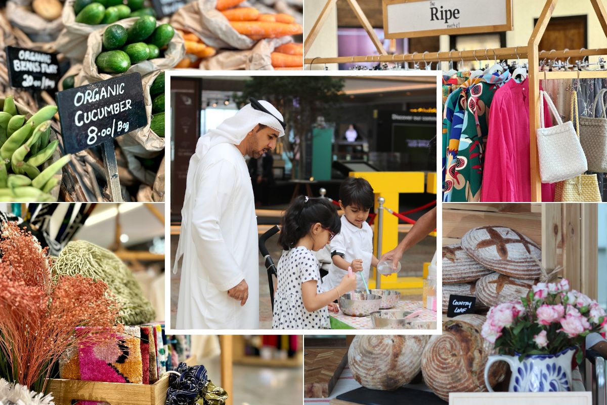 A Collage Of Some Events At The Ripe Market'S Summer Pop-Ups Like An Emirati Family Immersed In An Activity, Fresh Organic Cucumbers, Flowers Display, Clothes For Sale And Artisanal Sourdough Breads