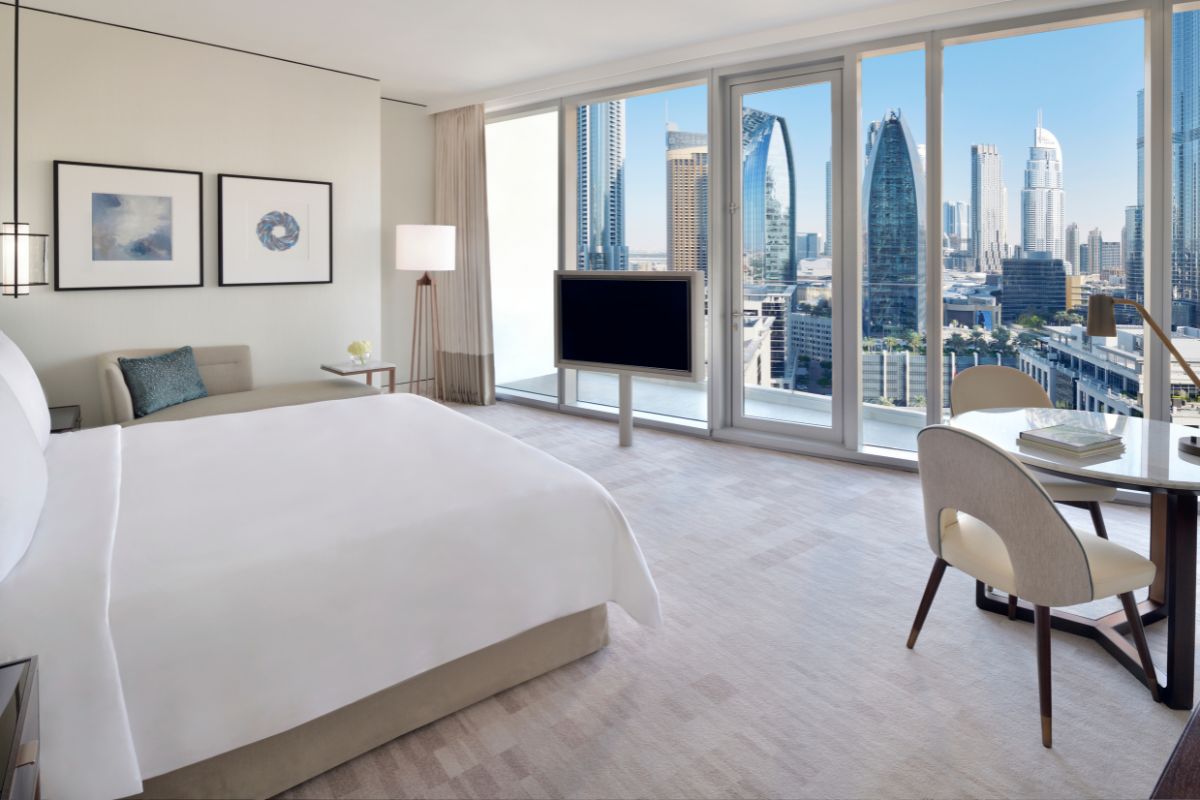 Bed On The Right Side Sofa And Tv In Front. View Of The Room Is Burj Khalifa At Address Sky View Staycation