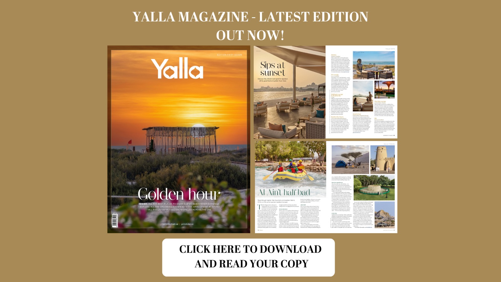 Yalla Magazine Edition 57 pop up featuring front cover with a sunset setting