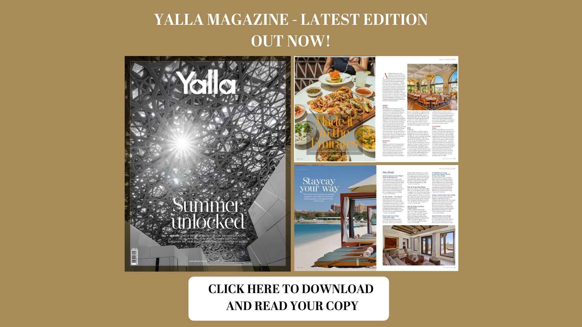 Yalla Dubai Life magazine cover and interior pages showcasing Dubai lifestyle and attractions.