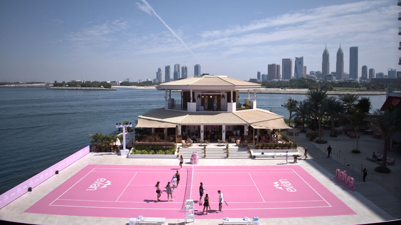 evians first pink floating tennis court