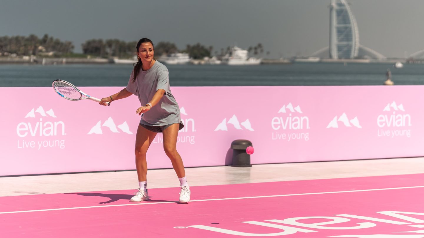 evians first pink floating tennis court