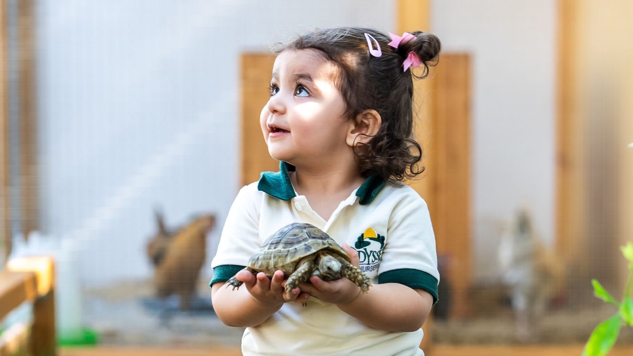 Odyssey Nursery student kid holding turtle