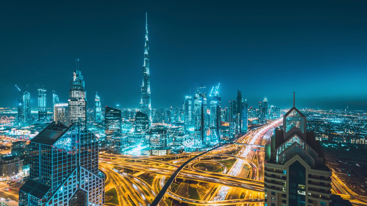 Dubai skyline evening lights