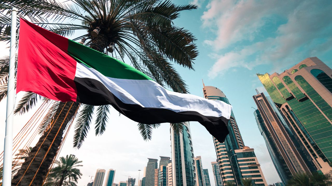 United arab emirates flag dubai skyline