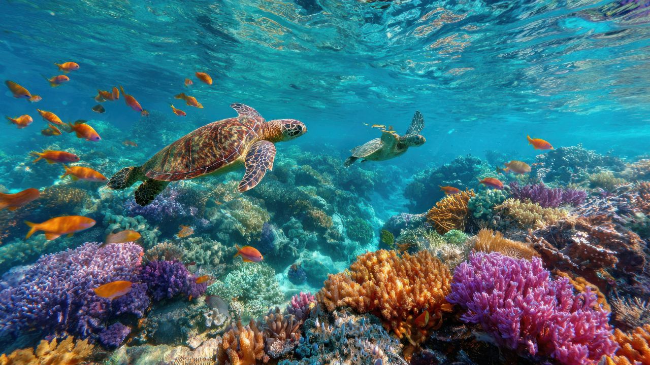 Marine life ocean turtles and fishes