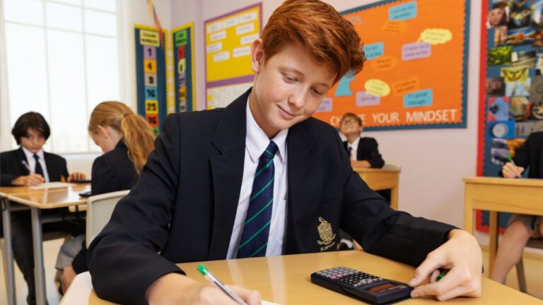 British Curriculum student studying in classroom, UAE, with classmates and educational posters.