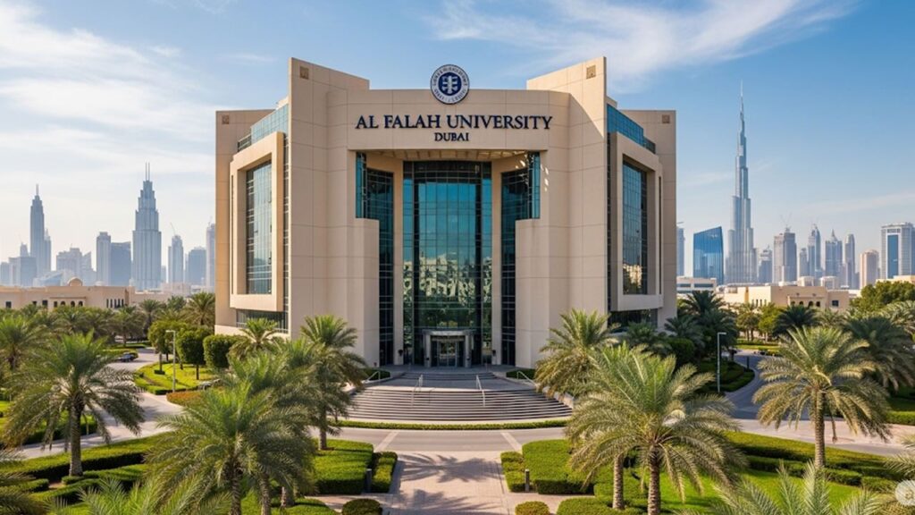 Al Falah University Dubai campus with modern architecture and city skyline background.