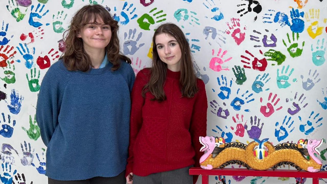 Julieta luengo and anna thompson with the arbor school university offer gong