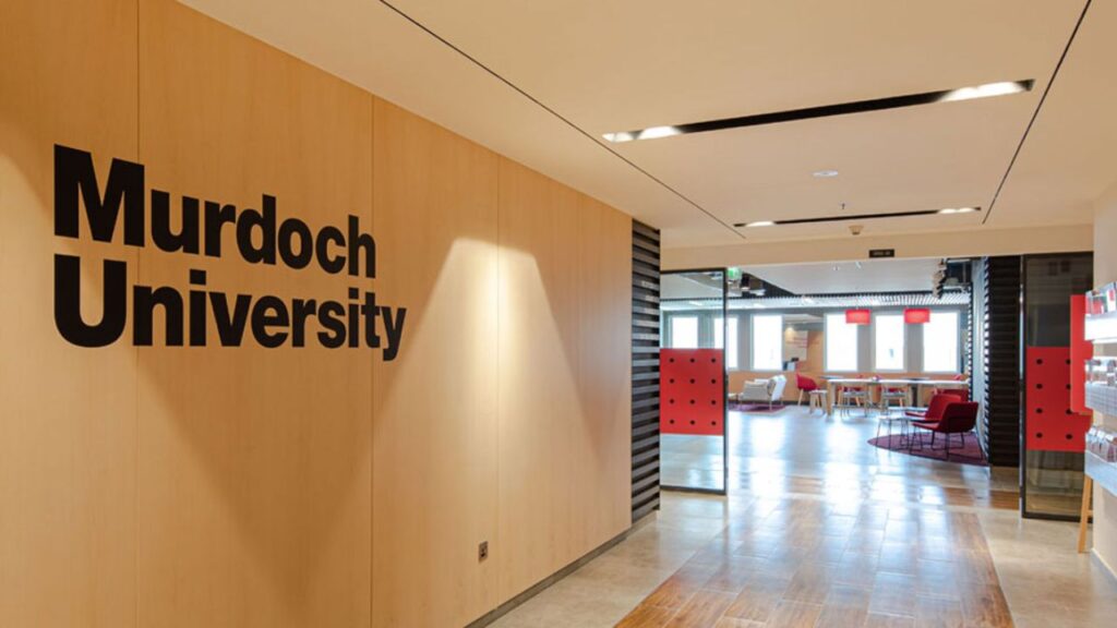 Modern interior of Murdoch University Dubai campus with welcoming lounge area.