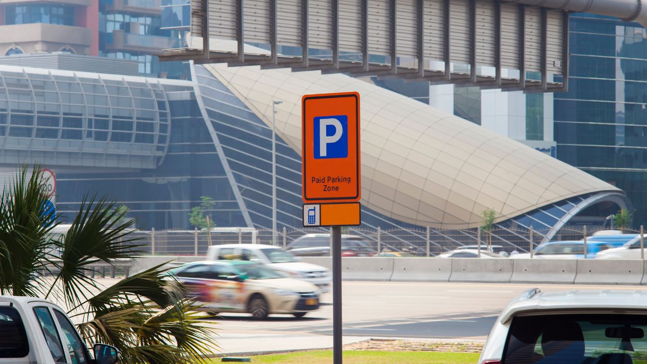 Dubai free parking NYE 2026 Parking sign indicating free parking zone in Dubai for NYE 2026.