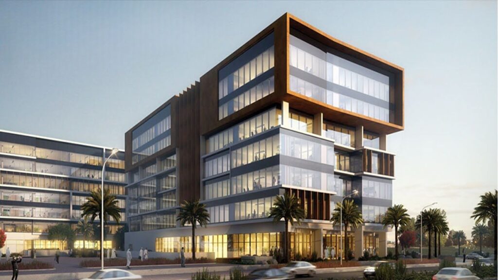 Modern university building at University of Wollongong Dubai campus.