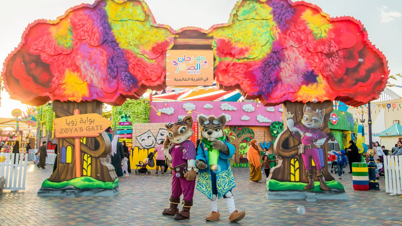 Yalla Dubai Kids Festival Entrance Colourful inflatable trees and characters at Dubai kids festival entrance.