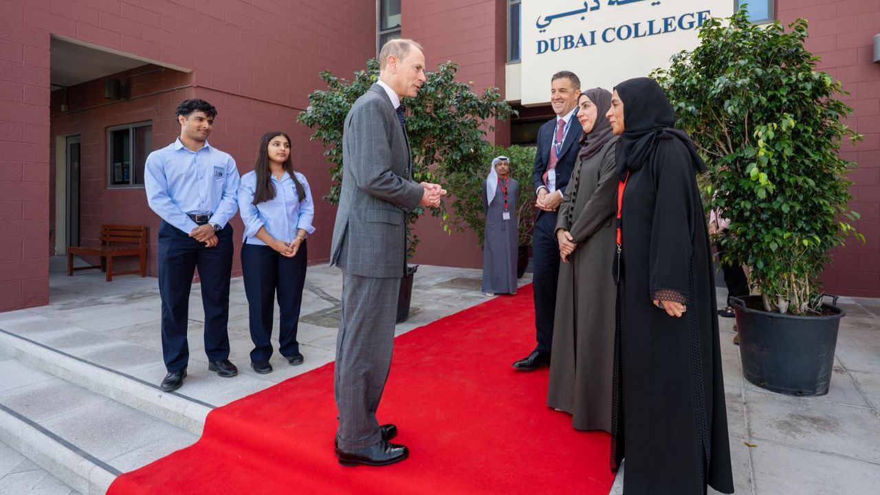 Prince Edward meeting students and staff outside Dubai College for Duke of Edinburgh Award showcase.