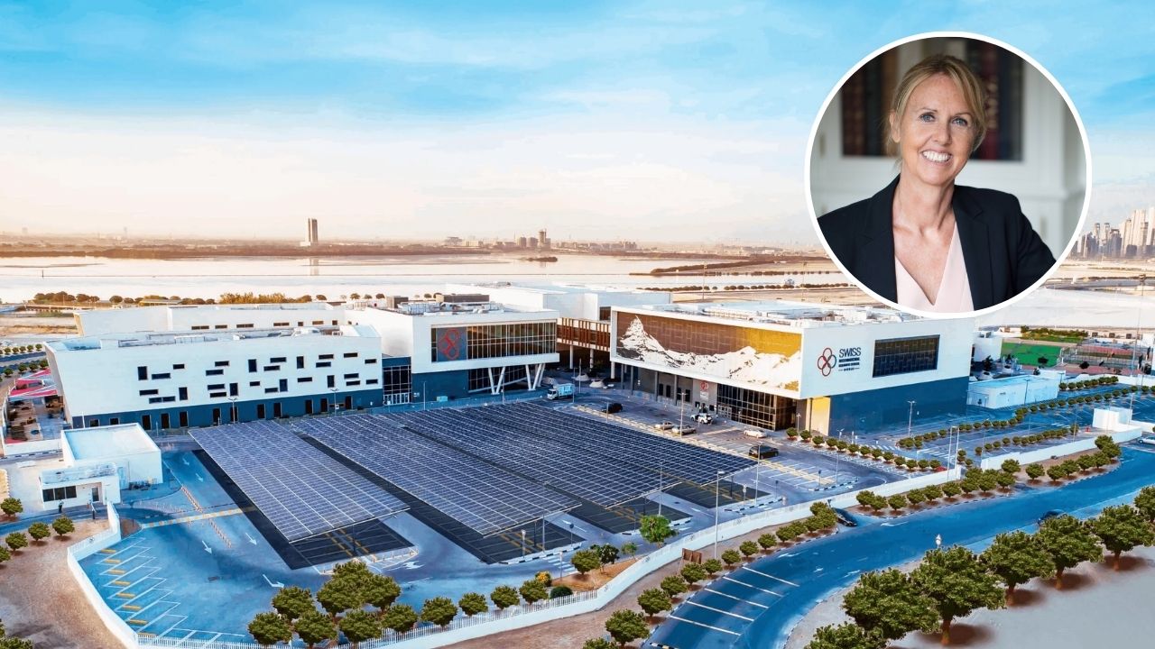 Yalla Dubai Life: SISD Dubai Campus Modern SISD Dubai campus with solar panels and waterfront view.