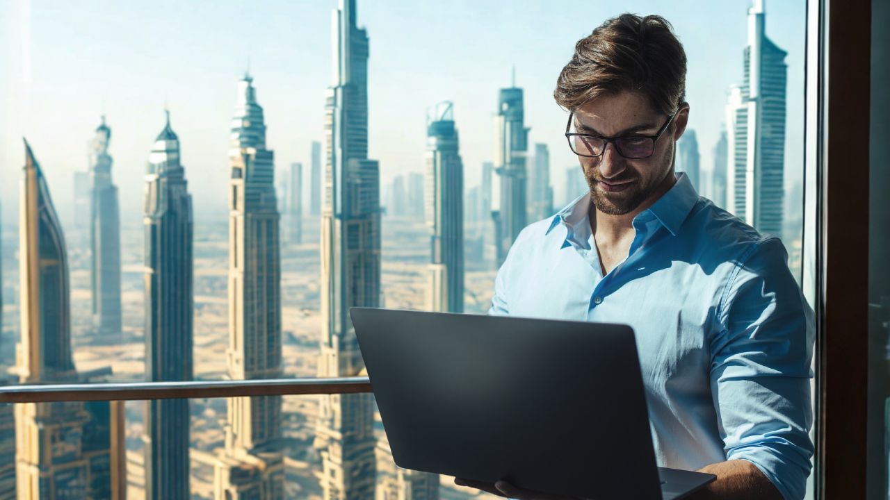 Business professional working on a laptop with Dubai skyline.