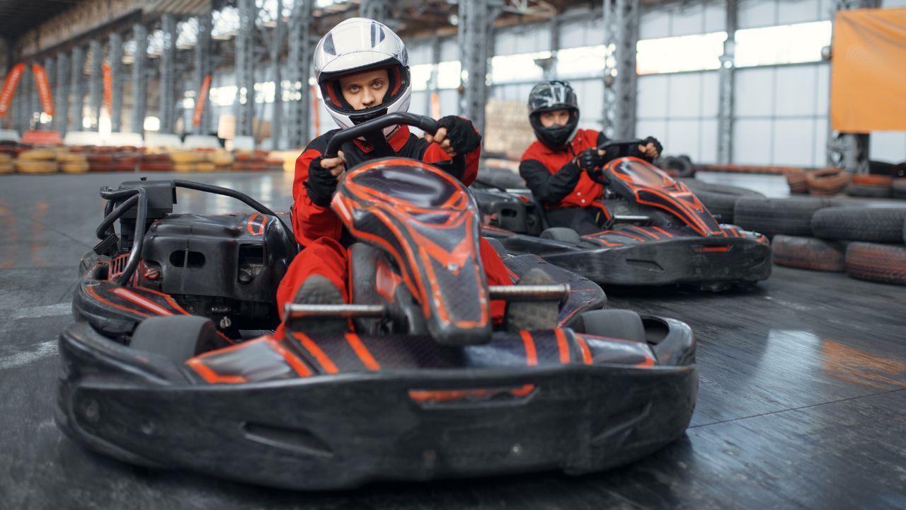 Two Kart Racers Enters the Turn, Front View