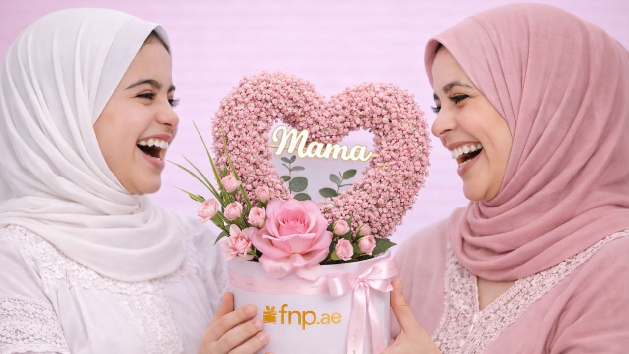 Mother’s Day floral gift for mum Beautiful floral Mother’s Day gift with pink roses and a heart-shaped arrangement.