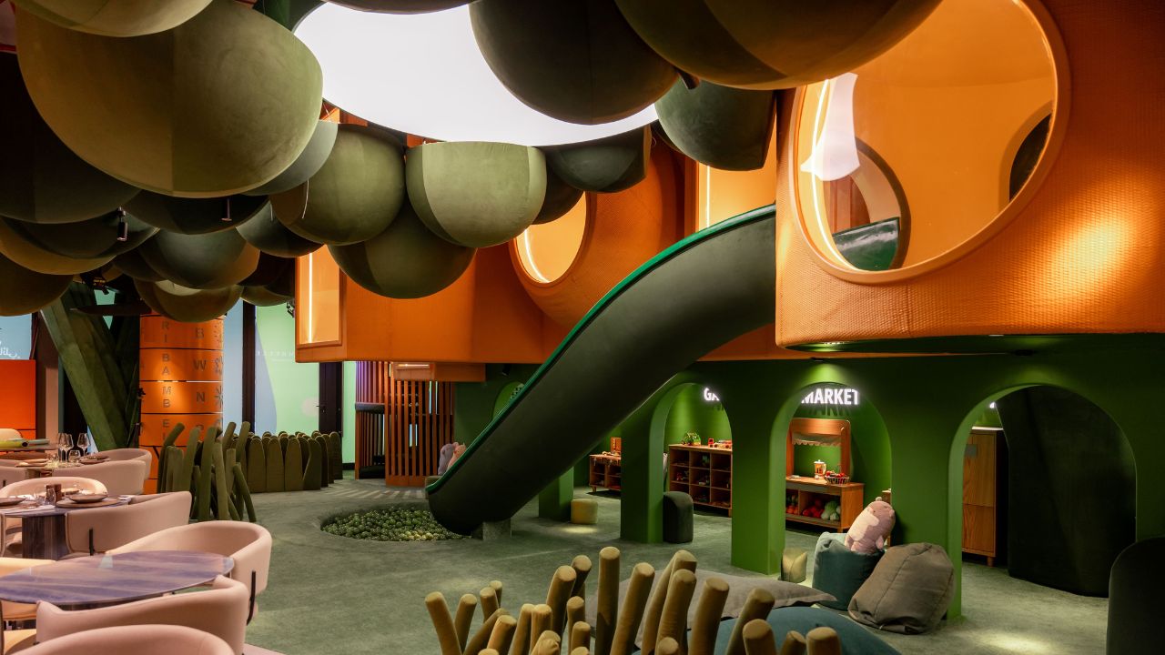 Indoor kids' play area with colourful structures and slides in Dubai.