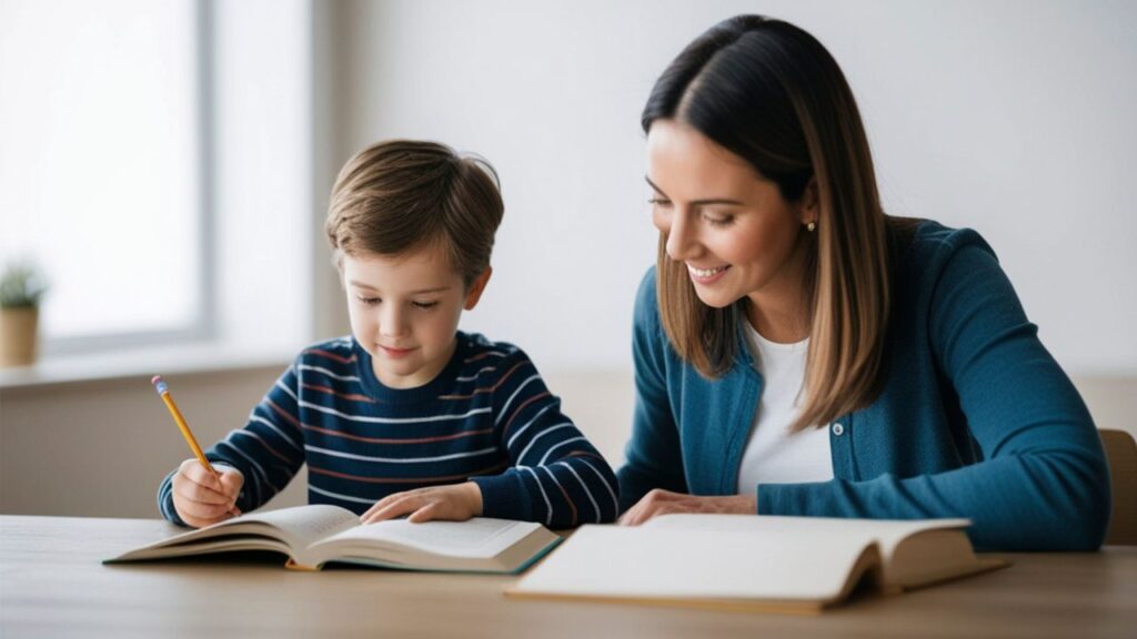 Woman and boy studying together, selecting a tutor in the UAE for academic success.
