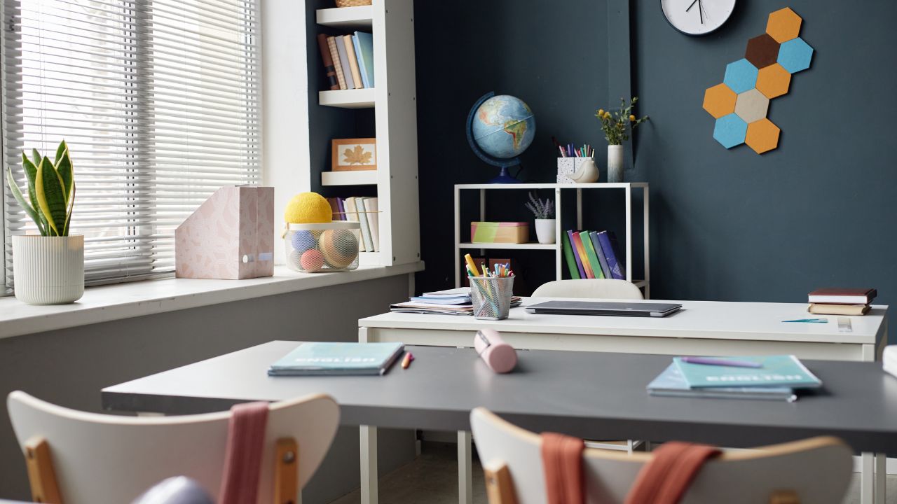Bright classroom with study materials and educational decor.