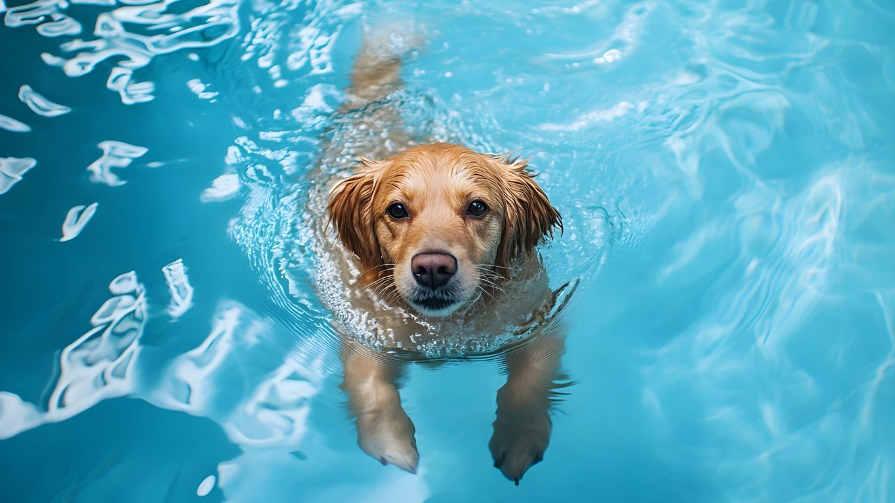 Adorable dog swimming at Barkfest Dubai event.