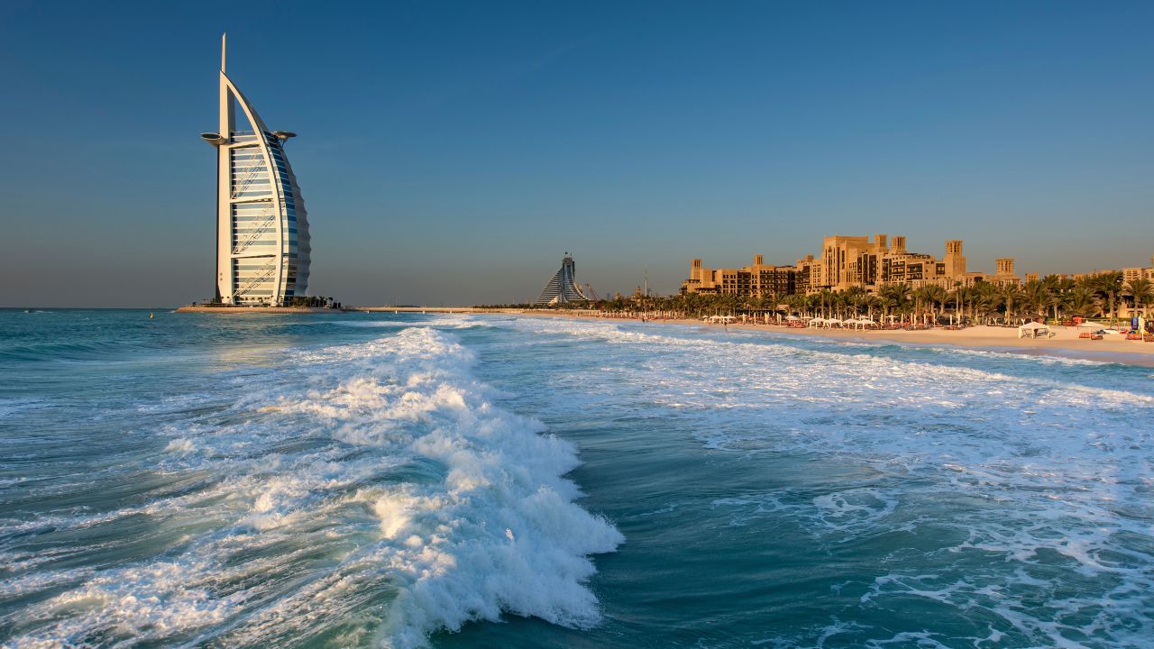 Dubai Beach Skyline with Burj Al Arab Cityscape of Dubai, United Arab Emirates, with the Burj Al Arab skyscraper on the coastline