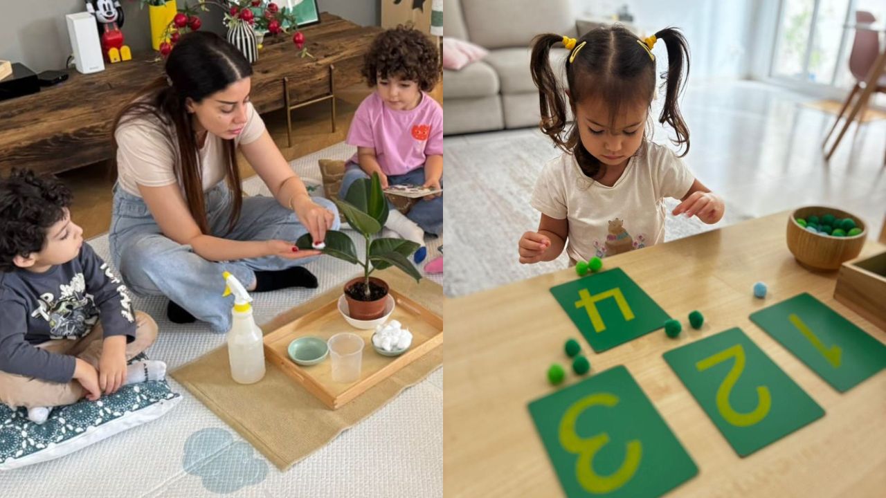 Young children engaging in educational activities at home.