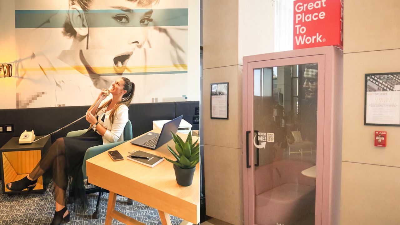 girl in an mockup of office and a pod