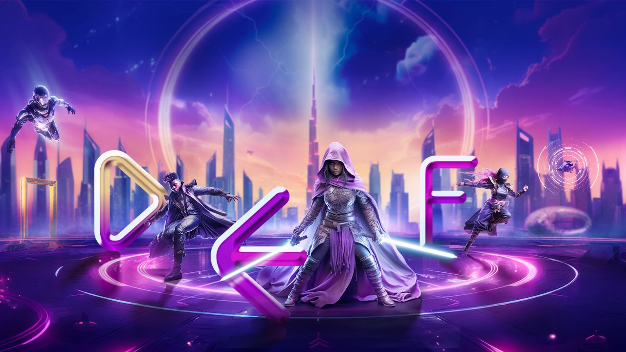 Futuristic Dubai skyline with digital characters and neon lights, representing a modern, tech-savvy.