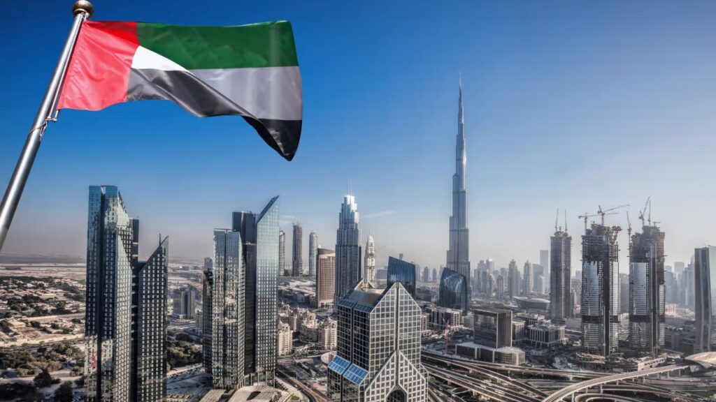 dubai skyline with uae flag