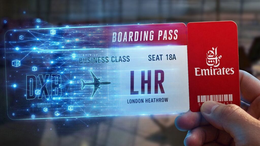 Emirates business class boarding pass for London Heathrow.