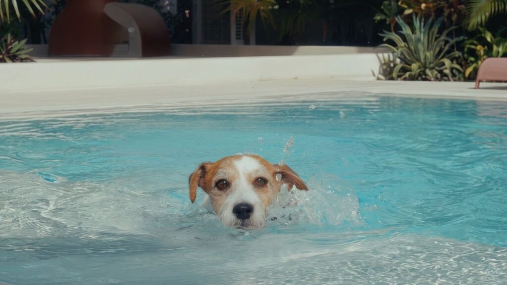 Dog swimming in a pool with plants and lounge chairs in the background.