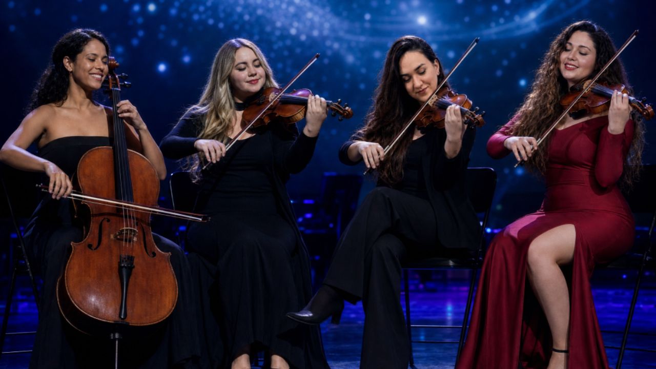 Four women playing string instruments on stage during Latin music night.