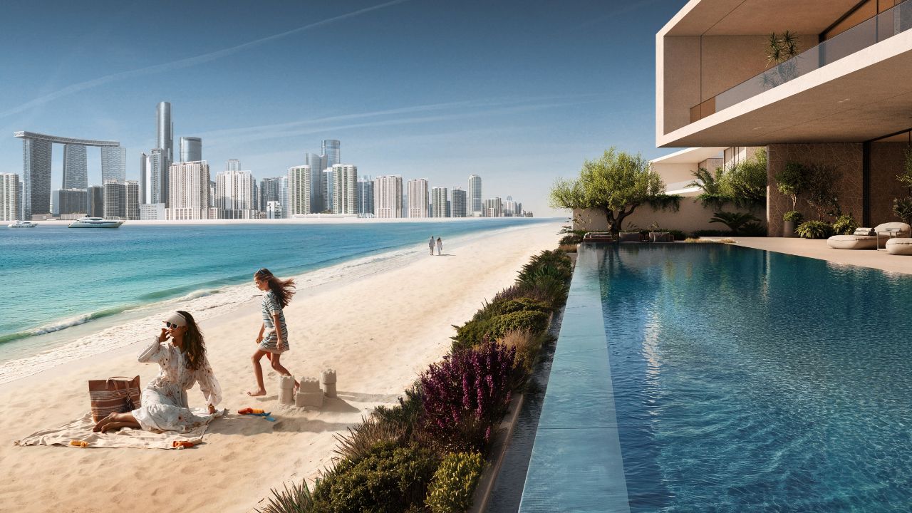 Beach scene with children playing and a luxury poolside view in Dubai.
