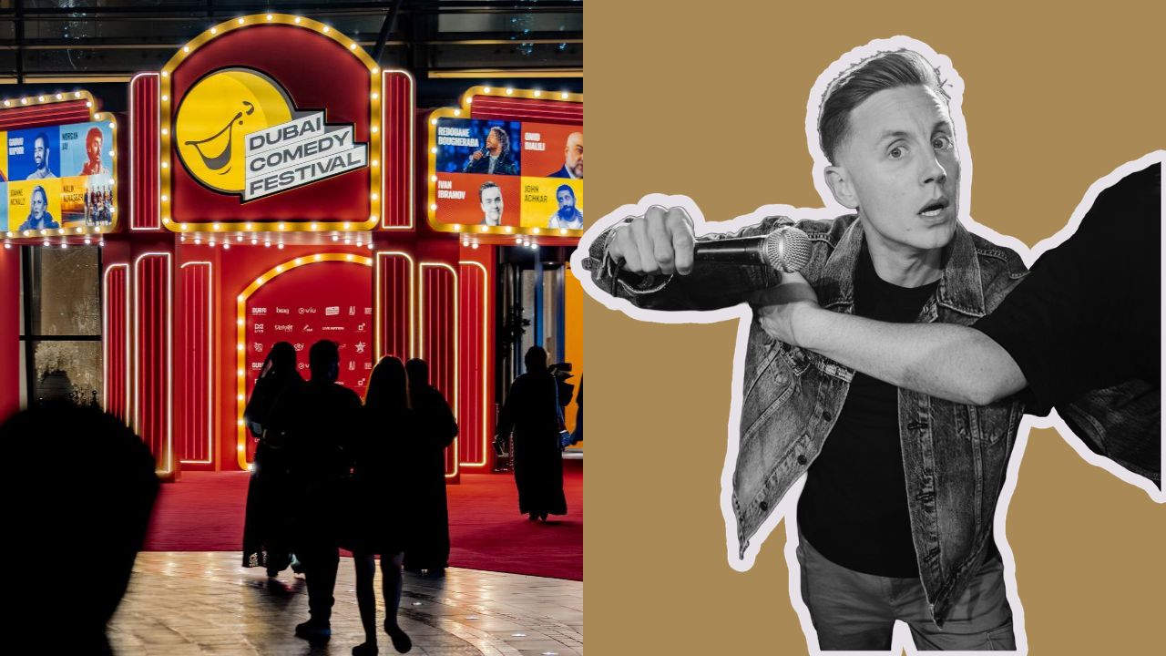 collage image of half is dubai comedy festival exterior banners and second image is shane todd