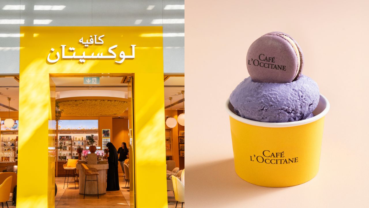 Cafe L'Occitane store front, cup of ice cream with macaroni on top