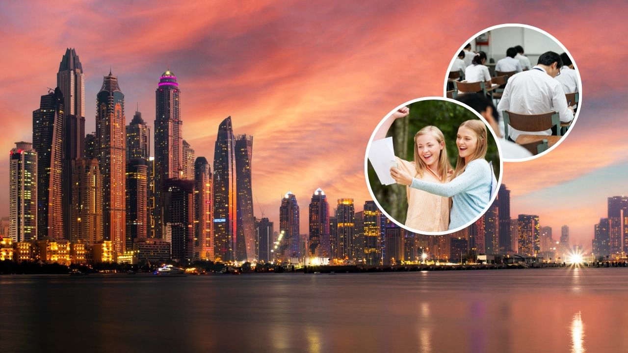 Dubai skyline dawn time, with 2 girls a hand holding a pen