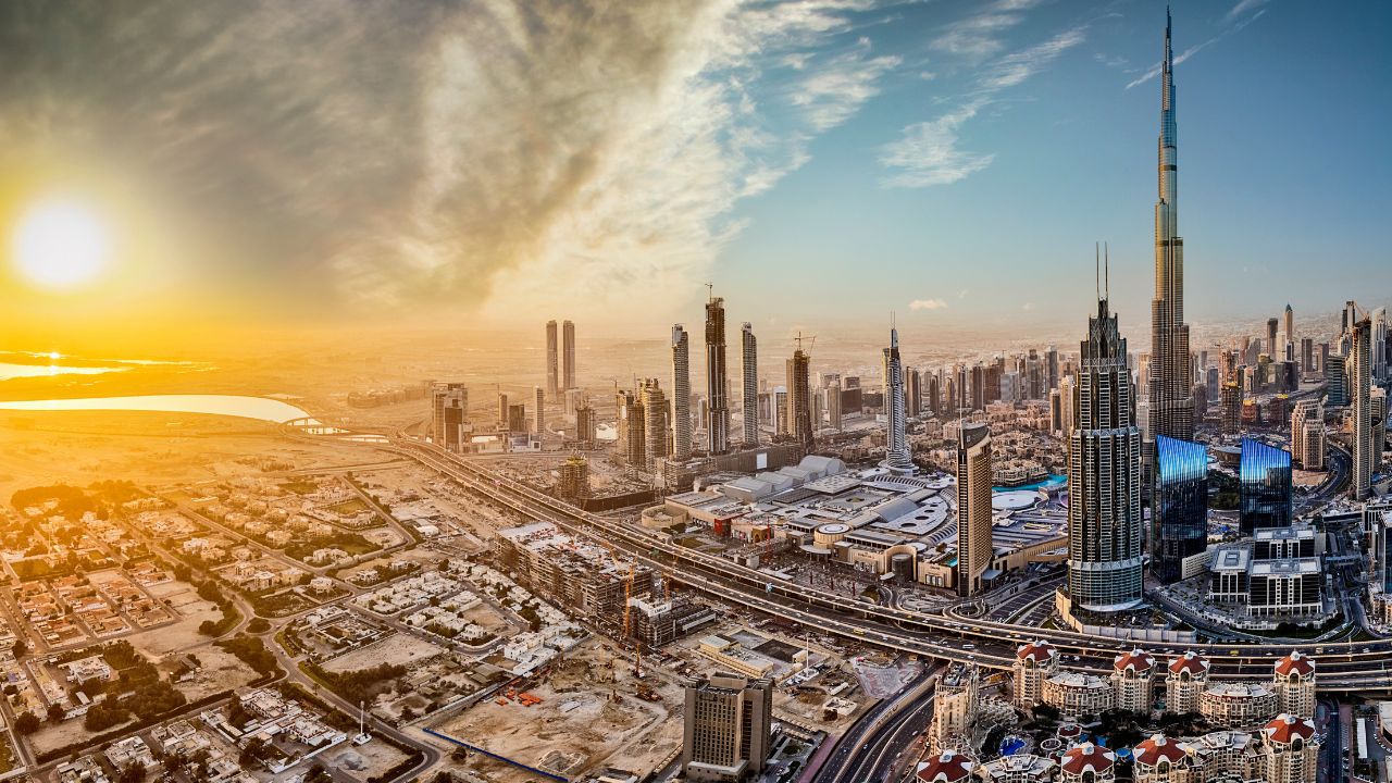 morning time dubai skyline buildings