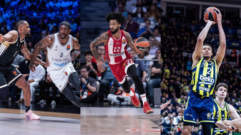 collage of 4 basketball players wearing different uniform dribbling ball
