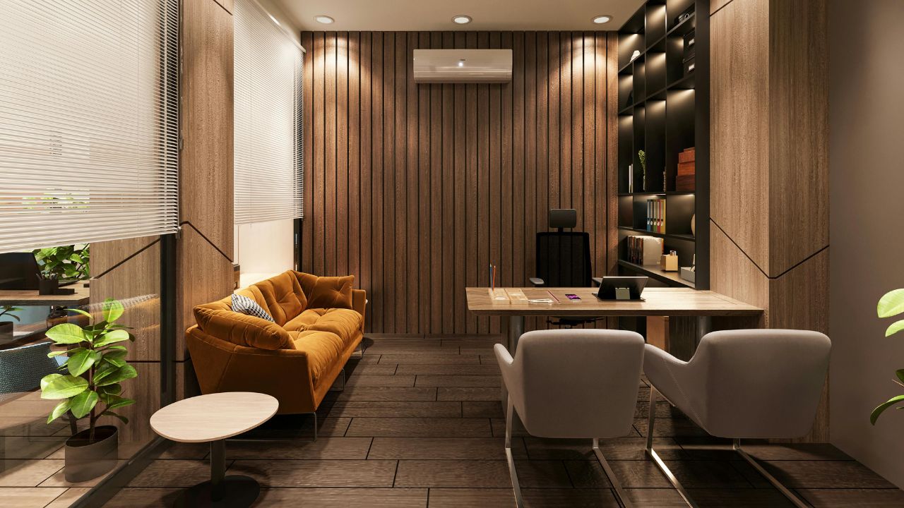 Modern Office Interior with Wooden Paneling