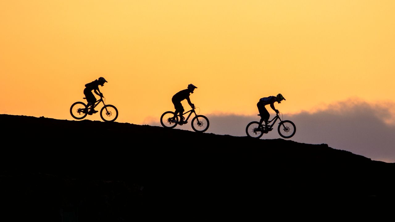 silhouette of people mountain biking
