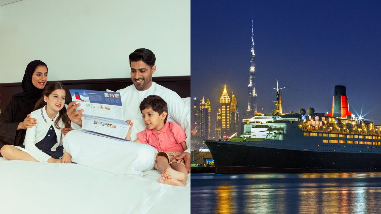 A family in bed checking their cruise ticket, a night setting with the cruise boat in Dubai
