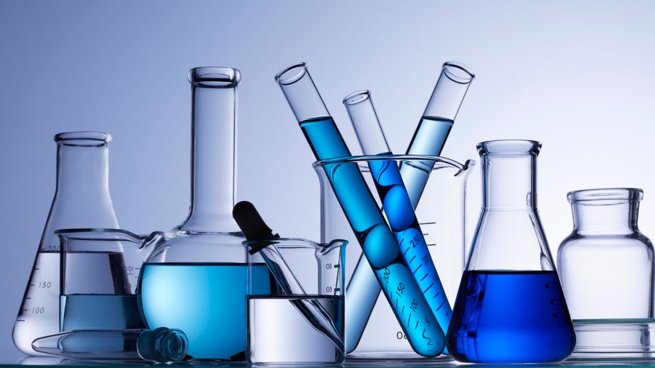 Scientific Glassware with Blue Liquids