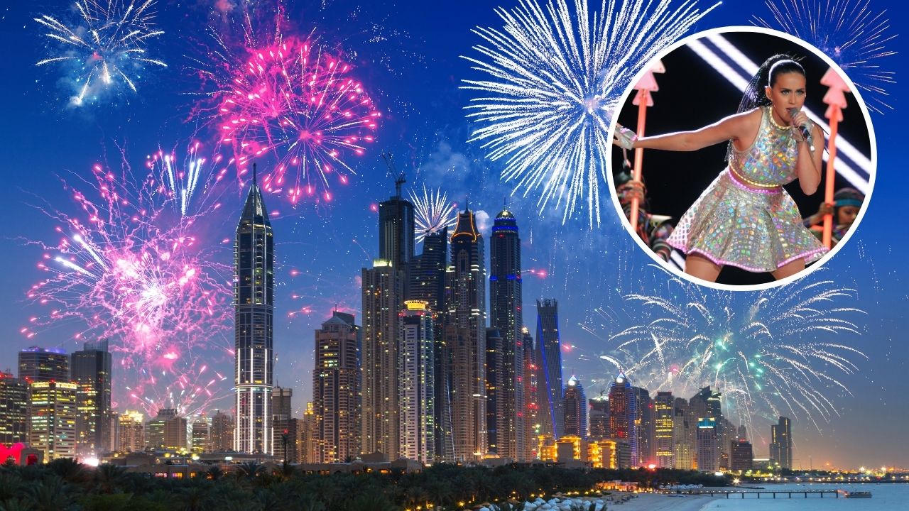 dubai firework night time and katy perry singing