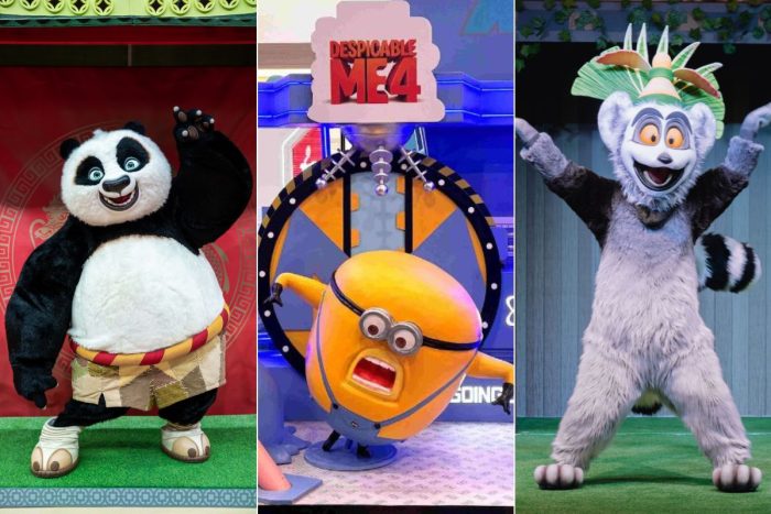 Featuring (left to right) Po from Kung Fu Panda, minion from Despicable Me and King Julian from Madagascar mascots coming to Dubai and the best things to do in Dubai for your kids this summer