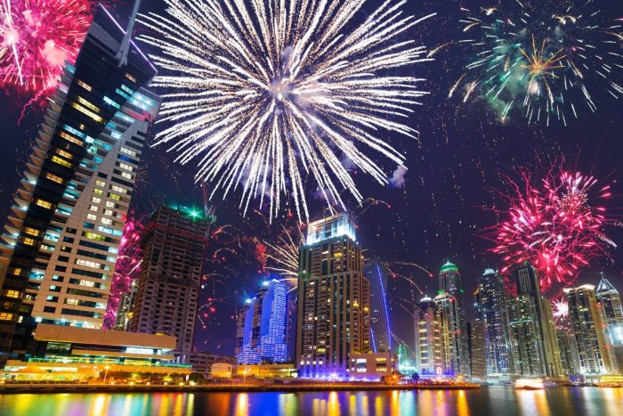 Colourful fireworks display over the buildings in Dubai for Eid Al Adha