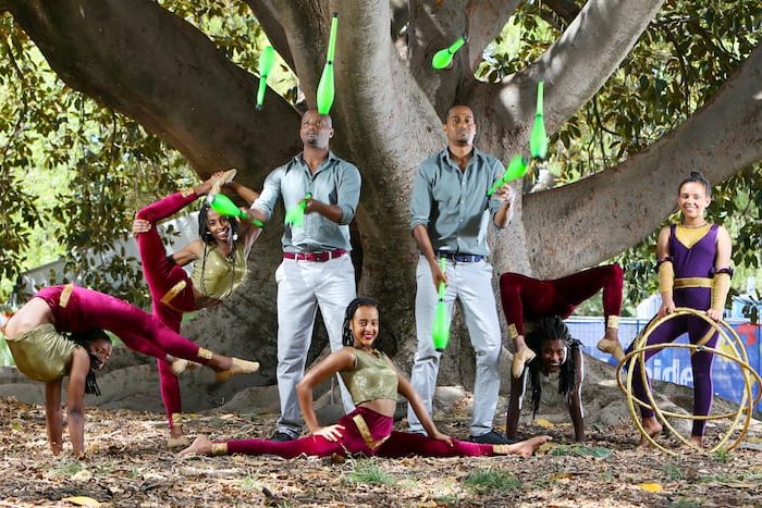 Womadelaide -  Circus Abyssinia From Ethiopia.
From Left To Right: Semeret Getachew, Helen Shimeles, Bibi Tesfamariam, Bichu Tesfamariam, Etsegenet Ashenafi, Fikir Gebremedhin. Bottom At Front Doing Splits: Betelhem Dejene. 
Their Circus Abyssinia Plays Saturday 9Th Of March, Stage 2 At Womadelaide 2019. And All Through The Fringe. (Aap/Emma Brasier)