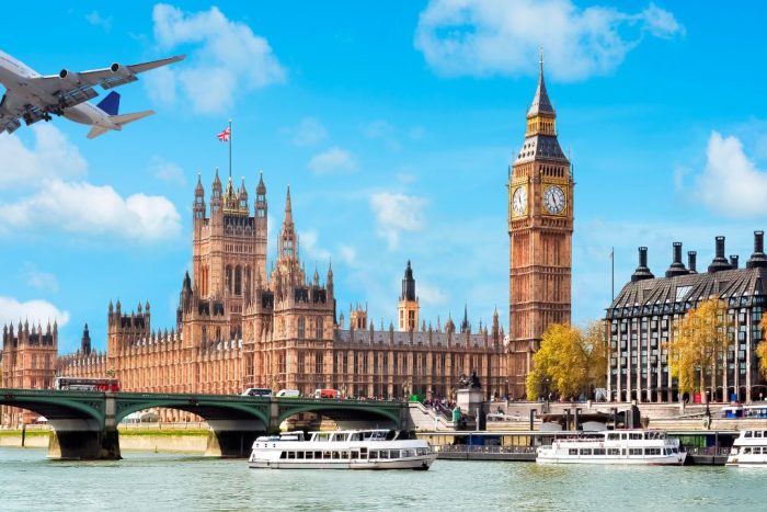 london landmark with a plane